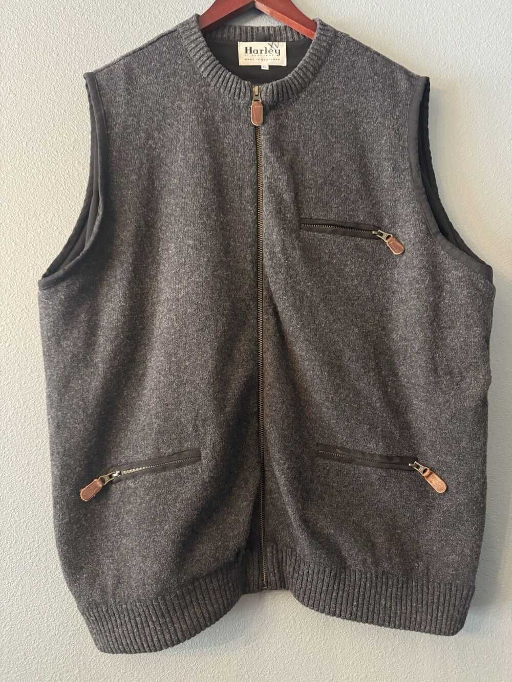 Harley of Scotland Gray Wool Full Zip Lined Vest XL Men's Solid Casual